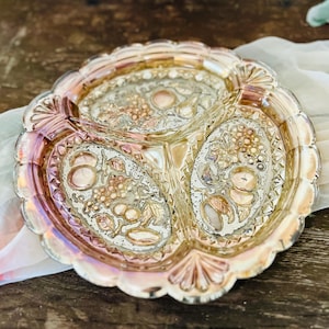 Divided Round Silver and Pink Vintage Mercury Glass Serving Plate with Fruit Motif