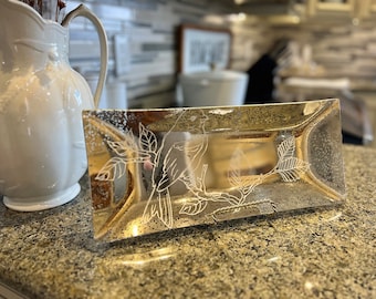 Vintage Silver Mercury Glass Decorative Tray with Painted Bird, Home Decor