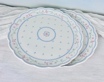 Vintage Nikko American Country "Chantilly" Blue Floral Dinner Plates - Set of 2, Designed by Dena, Made in Japan, Scalloped Ceramic Edge