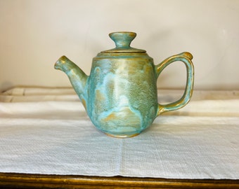 Vintage Green Handmade Pottery Teapot 7”, Gift