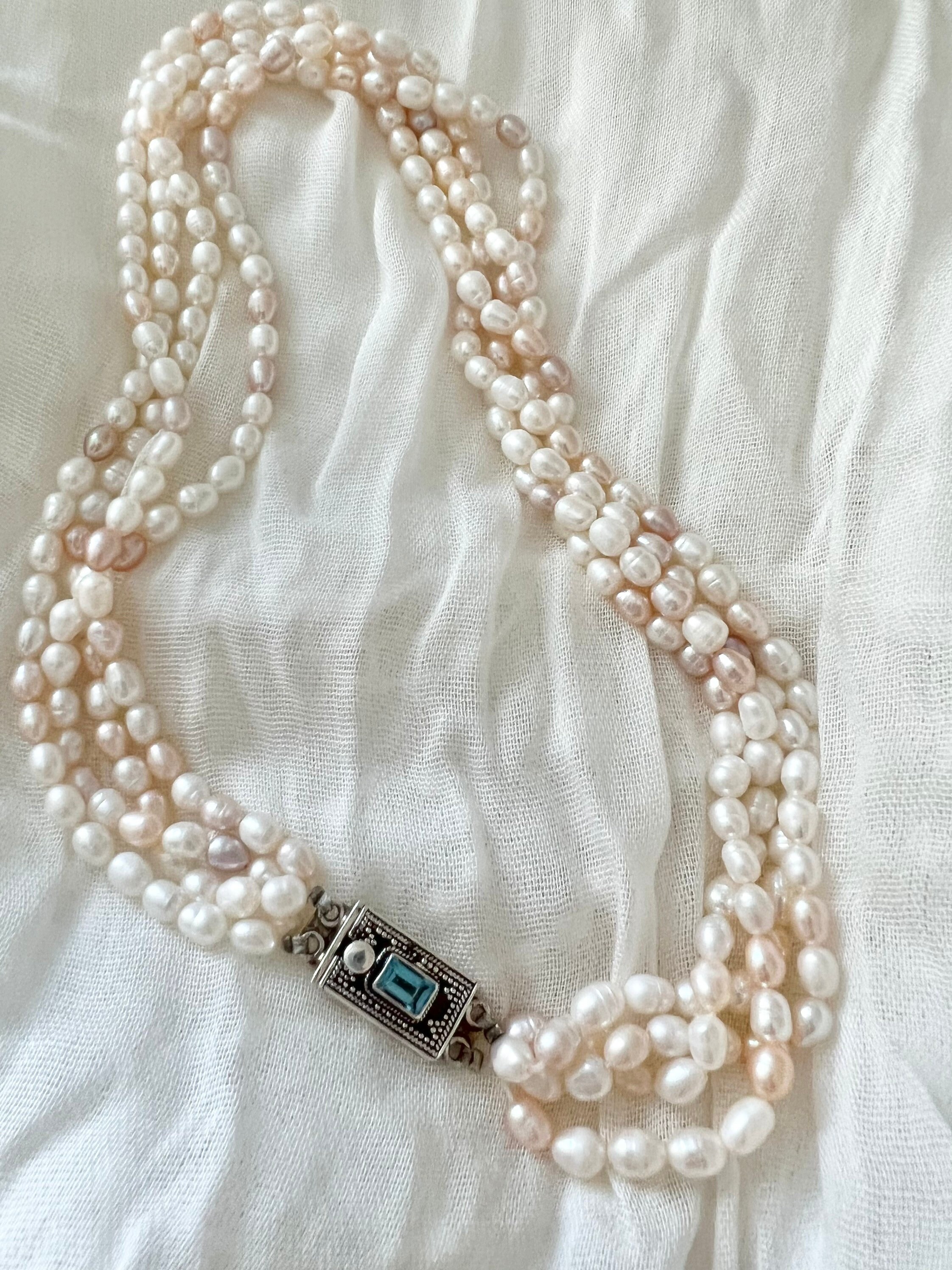 Pearl Necklace With Sterling Silver Topaz Gemstone, Multi