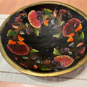 Vintage Black Mexican Carved Wooden Bowl with Hand Painted Tole Flowers
