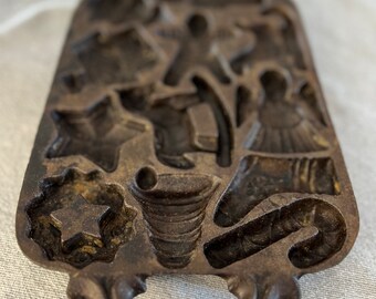 Vintage John Wright Cast Iron Christmas Cookie Pan, Holiday Baking