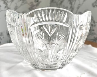 Vintage Cut Glass Serving Bowl, Scalloped Crystal Style, Floral Pressed Pattern, Cottage Decor
