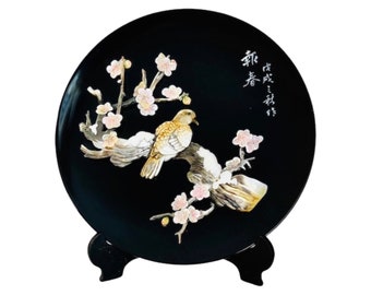 Vintage Art, Mother of Pearl and Black Lacquer Plate Picture of a Bird on a Branch and Pink Blossoms, Plate Art