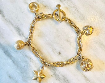 Vintage Fifth Avenue Charm Bracelet, Pave Heart Charm, Star Charm, Pave Ball Charm, Hoop Charm, Gifts for Her Birthday