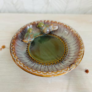 Vintage Studio Art Pottery Dish, Birdbath with Birds, Brown Green Glaze