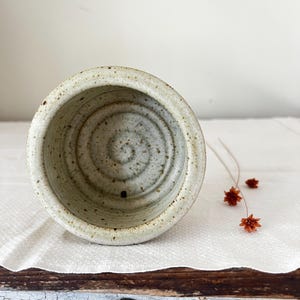 May include: A handcrafted ceramic bowl with a speckled, light green glaze. The interior has a spiral pattern. The bowl sits on a white surface, accompanied by small, dried orange flowers.