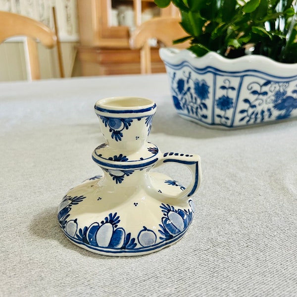 Bougeoir vintage bleu et blanc signé à la main de Delft avec boucle, fabriqué aux Pays-Bas, cadeau