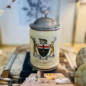 Vintage City of Hamilton Ceramic Beer Stein with Pewter Lid 1970s Gift *Reduced*