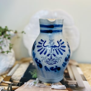 Small 5” Blue Gray Salt Glazed Stoneware Crock Pitcher Pottery Jug with German Coat of Arms in Cobalt Blue