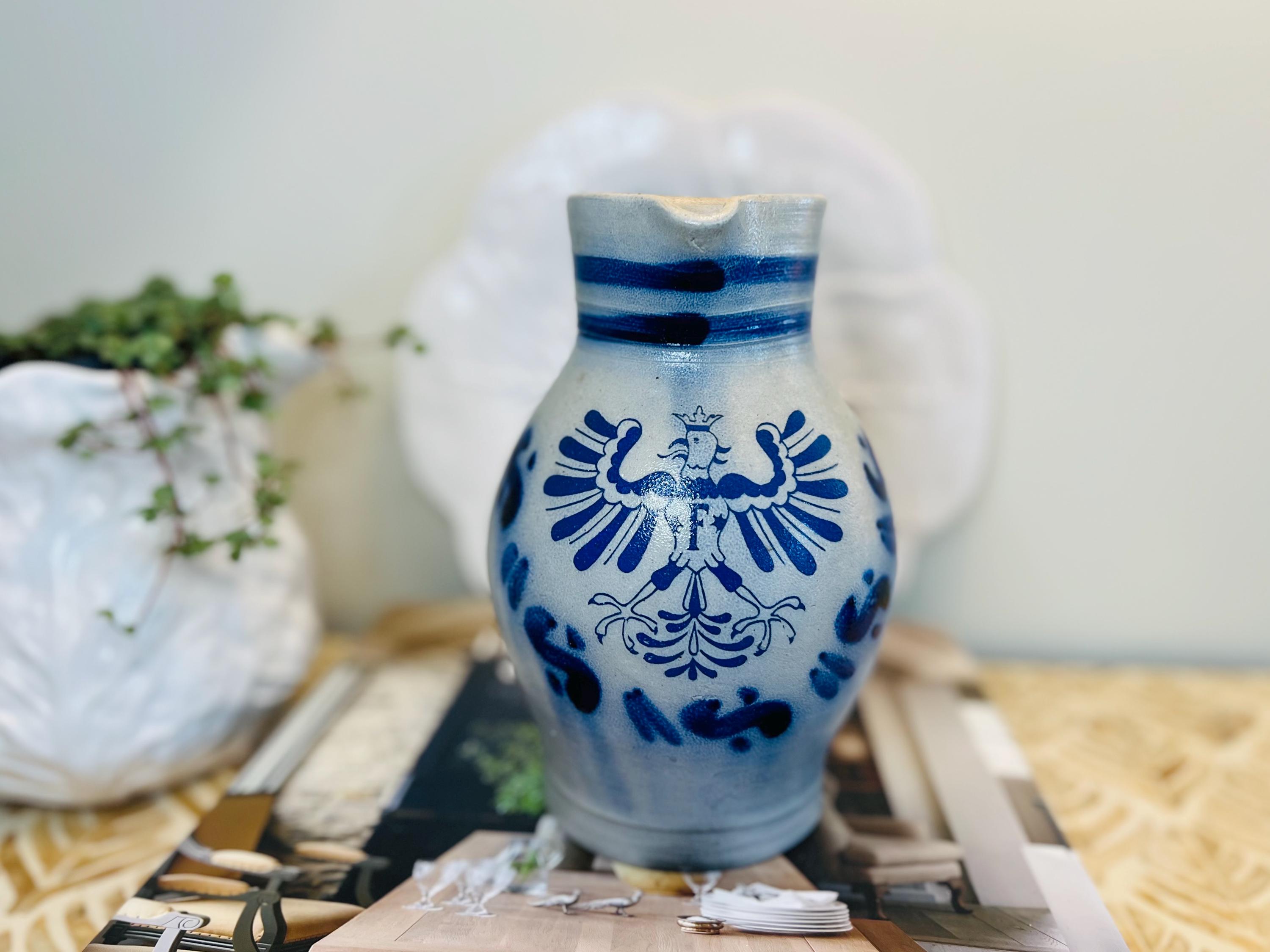 Small 5” Blue Gray Salt Glazed Stoneware Crock Pitcher Pottery Jug with German Coat of Arms in Cobalt Blue