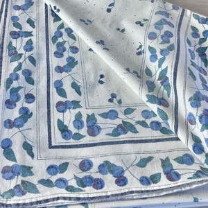VIntage Blue and White Rectangular Fruit Motif Cotton Tablecloth, Blue Cherries Kitchen Table Cover, French Country, Cottagecore 49” x 35”