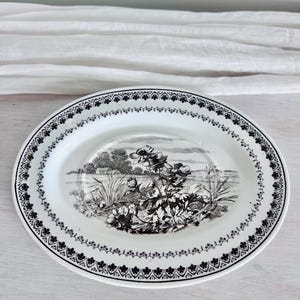 Antique Minton Transferware Oval Platter 1864 – Black Grisaille Pastoral Landscape Serving Plate, Victorian Staffordshire Fine Ironstone