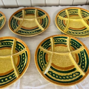 Vintage Mid Century Set of 6 Pottery Fondue Plates in Green, Orange and Yellow