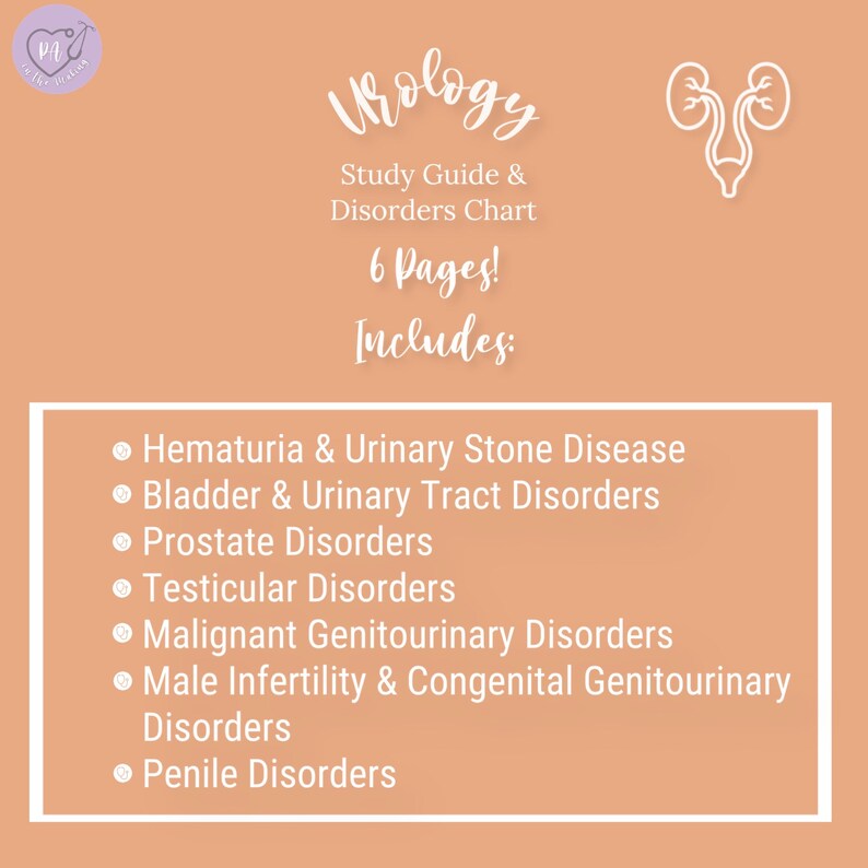 Urology Study Guide and Disorders Chart Etsy