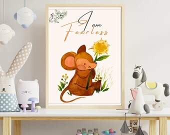 Arte de pared para bebé I AM FEARLESS, decoración de arte de afirmación para niños, impresión de animales para bebés, impresión de guardería de safari, decoración de animales para guardería, decoración de animales para bebés