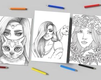 Páginas para colorear de hermosas niñas, página para colorear para adultos, página para colorear en escala de grises • Descarga instantánea, mujeres y niñas, páginas para imprimir
