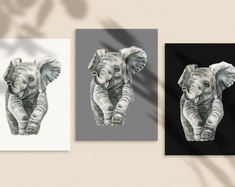 Clipart de elefante en acuarela, impresiones de animales bebés, impresión de safari para guardería, decoración de animales para guardería, arte de pared de animales bebés, descarga digital