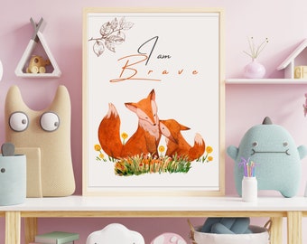 Arte de pared para bebé SOY VALIENTE, decoración de arte de afirmación para niños, impresión de animal para bebé, impresión de guardería de safari, decoración de animales para guardería, arte de pared de animal para bebé