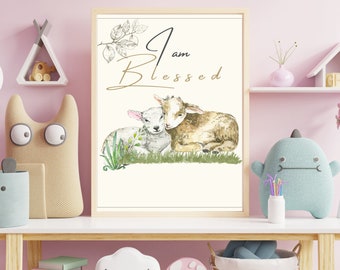 Arte de pared para bebé con la frase "I AM BLESSED", decoración de arte con afirmaciones para niños, estampado de animales para bebés, estampado de safari para guardería, decoración de animales para guardería, arte de pared con animales para bebés