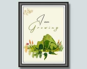 Arte de pared para bebé con texto "I AM GROWING", decoración de arte de afirmación para niños, estampado de animales para bebés, estampado de safari para guardería, decoración de animales para guardería, decoración de animales para bebés