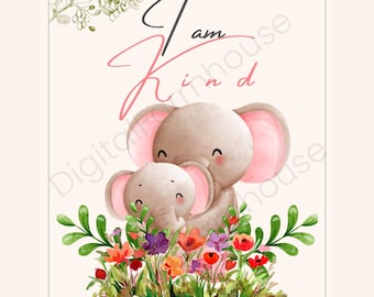 Arte de pared para bebé I AM KIND, decoración de arte de afirmación para niños, impresión de animal para bebé, impresión de guardería de safari, decoración de animales para guardería, arte de pared de animal para bebé