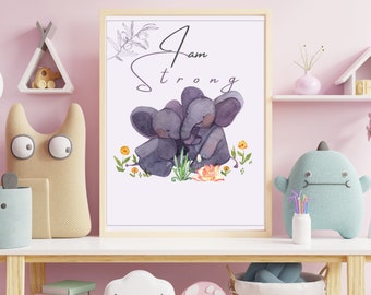 Arte de pared para bebé SOY FUERTE, decoración de arte de afirmación para niños, impresión de animal para bebé, impresión de guardería de safari, decoración de animales para guardería, arte de pared de animal para bebé