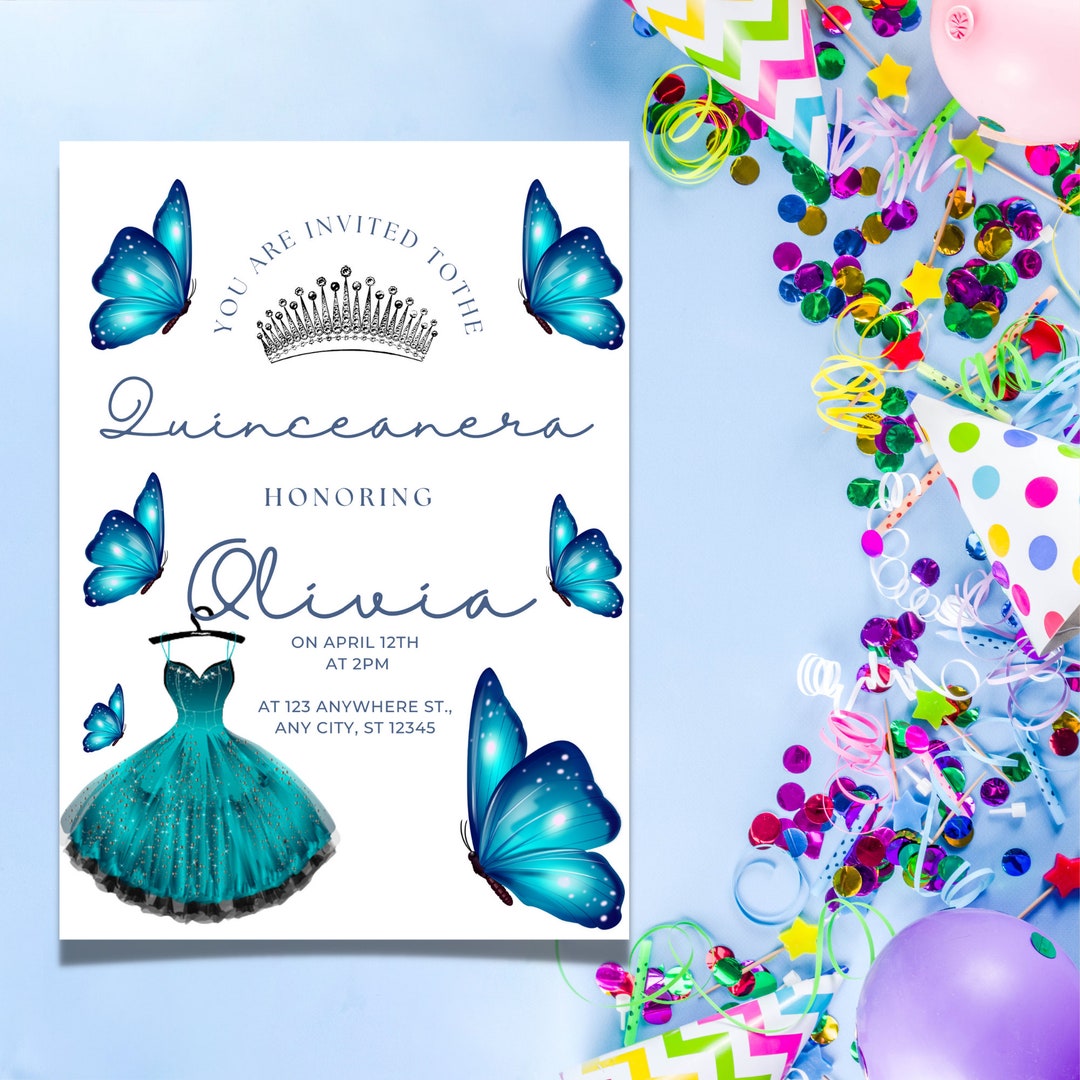 Elegant Blue Butterfly Quinceanera Party Invitation Butterfly Etsy