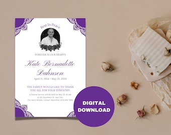 Anuncio de funeral, Anuncio de funeral sencillo, Plantillas editables, Plantilla de funeral, Diseño solemne