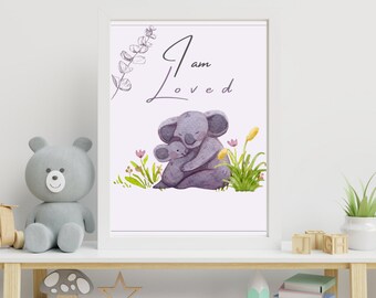 Arte de pared para bebé I AM LOVED, decoración de arte de afirmación para niños, impresión de animal para bebé, impresión de guardería de safari, decoración de animales para guardería, arte de pared de animal para bebé