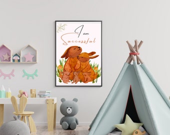 Arte de pared para bebé con frase "I AM SUCCESSFUL", decoración de arte de afirmación para niños, estampado de animales para bebés, estampado de safari para guardería, decoración de animales para guardería, decoración de animales para bebés