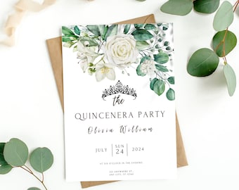 Green and White Rose Floral Quinceanera Party Invitation, Rose Card, Quince Nera Party, 15th Birthday Party, Miss Quince, Editable Templates