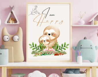Arte de pared para bebé SOY FELIZ, decoración de arte de afirmación para niños, impresión de animales para bebés, impresión de guardería de safari, decoración de animales para guardería, arte de pared de animales para bebés