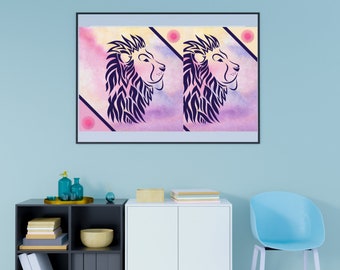 Arte de pared minimalista con cabeza de león, impresión de pared abstracta, impresión de safari para guardería, decoración de animales para guardería, arte de pared de animales para bebés, descarga digital