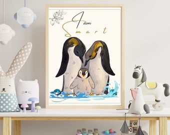Arte de pared para bebé SOY INTELIGENTE, decoración de arte de afirmación para niños, impresión de animales para bebés, impresión de safari para guardería, decoración de animales para guardería, artes de pared con animales para bebés