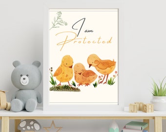 Arte de pared para bebé con la frase "Estoy protegido", decoración de pared con frases para niños, estampado de animales para bebés, estampado de safari para guardería, decoración de animales para guardería, decoración de animales para bebés