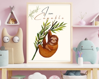 Arte de pared para bebé SOY CAPAZ, decoración de arte de afirmación para niños, estampado de animales para bebés, estampado de safari para guardería, decoración de animales para guardería, decoración de animales para bebés