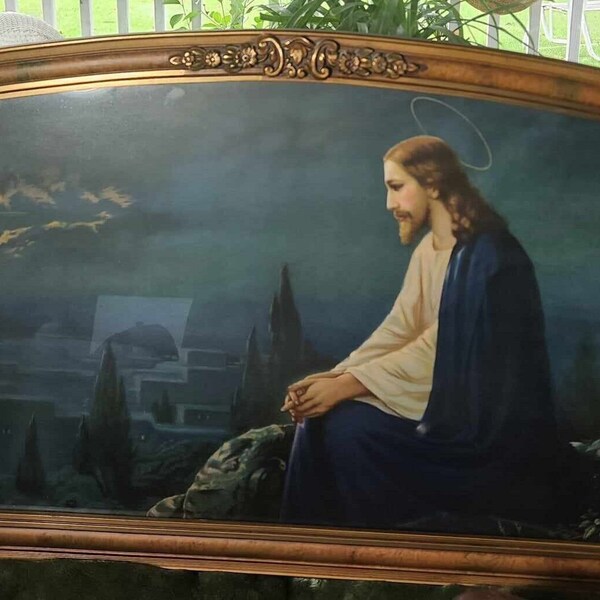 Contemplative Jesus Framed Print by Josef Untersberger Blue-tones “Jesus Garden Gethsemane” on Mount of Olives. 31x16 Gold Wood Frame