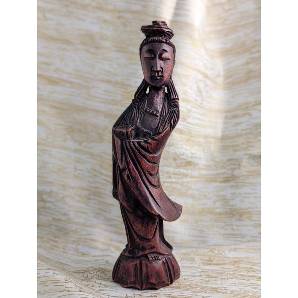 Vintage Guan Yin Wood Statue Carved Goddess Of Compassion 8" Handcrafted Quan Kwan Shi Yin
