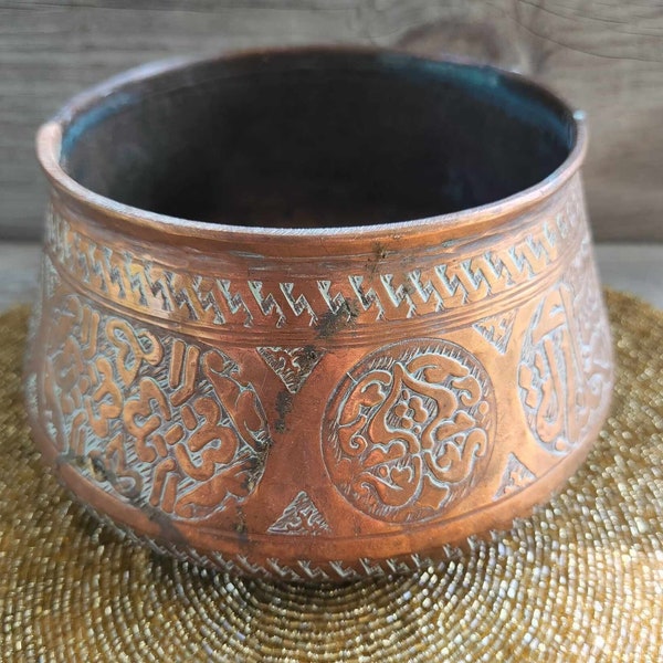 Copper Cache Pots Egyptian Moroccan Hammam ANTIQUE 8x4" Damascene BOWL, Silver Etched BEAUTIFUL!