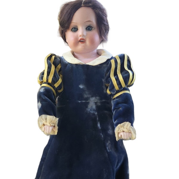 ANTIQUE Bisque Doll Edwardian Lady, 12" Elegant Velvet Dress AM Armand Marseille, Glass Eyes CGERMANY 370 9/0, leather torso, orig shoes