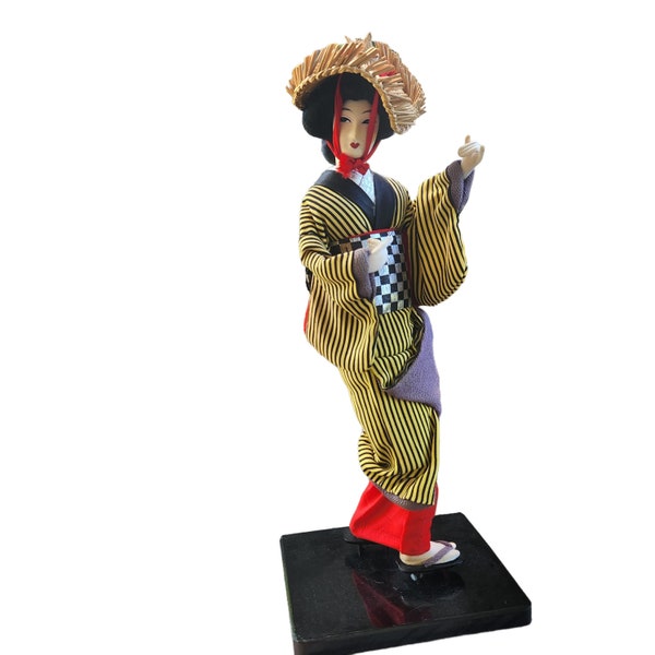 Kabuki Geisha Doll, 14" Dancing Figurine VINTAGE Textiles on Lacquer Stand, BEAUTIFUL Kimono & facial expression