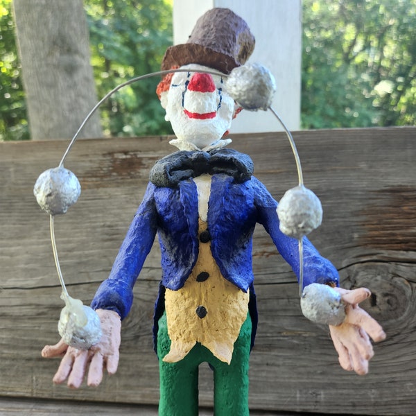 Clown Juggler Paper mache Sculpture 15" TALL, Studio Artist Signed VINTAGE paper mâché artwork, Bright Circus Colors - Whimsical JOY!