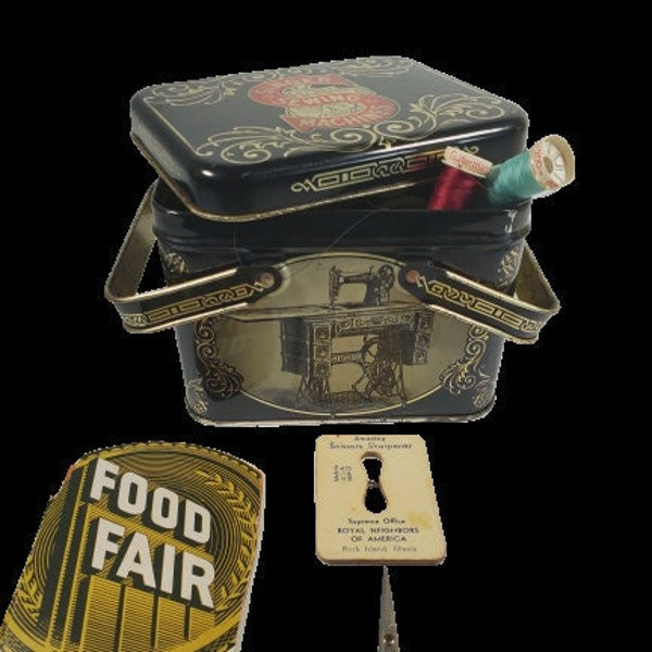 VINTAGE Singer Sewing Tin Box Handles NEATO!  filled with fun Vintage bits and beebobs!! JOYJOYJOY!