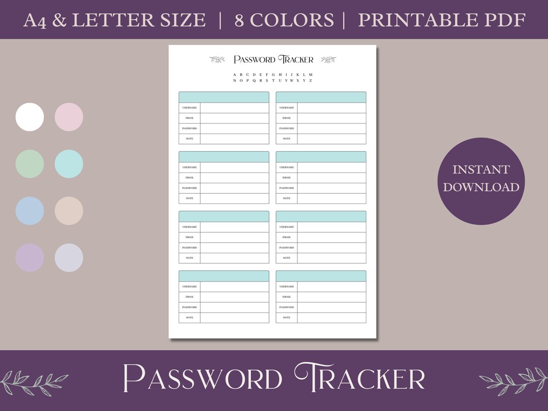 Password Tracker | Password Log | Printable PDF | 8 Colors | A4 ...