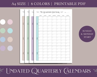 May include: Printable undated quarterly calendar templates in A4 size. The calendar pages are divided into three months, with each month having a grid layout for daily planning. The calendar starts on Sunday. The image shows eight different color options for the calendar pages.