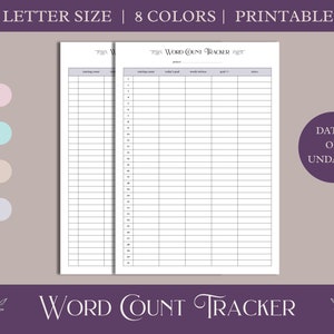 Rastreador de recuento de palabras / Registro diario de escritura / PDF imprimible / 8 colores / Tamaño A4 y carta