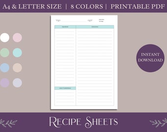 Hojas de recetas / PDF imprimible / 8 colores / A4 y carta estadounidense