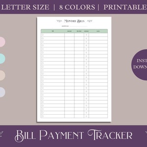 Monthly Bill Payment Tracker | Printable PDF | 8 Colors | A4 & Letter Size